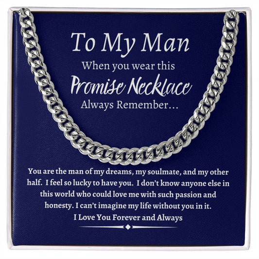 To My Man Promise Necklace | Cuban Chain with Navy Blue Message Card